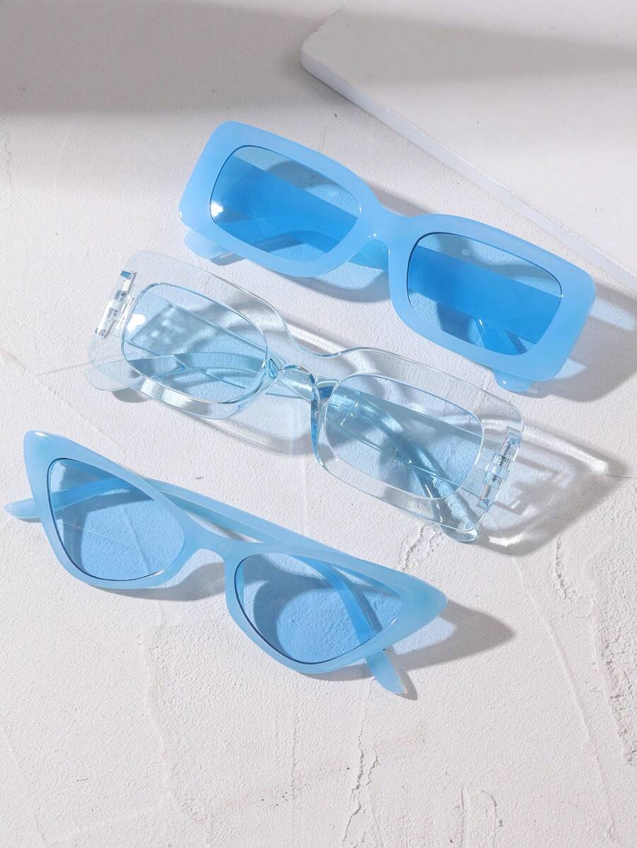 Conjunto de 3 piezas de nuevas gafas de declaración de moda de fotografía callejera en combinación de color azul