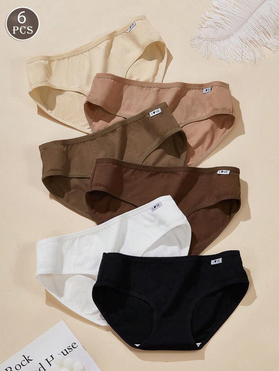 6 piezas Braguitas básicas de mujer de algodón puro con material de punto cómodo y minimalista, en unicolor, ligero y elástico, apto para todas las estaciones