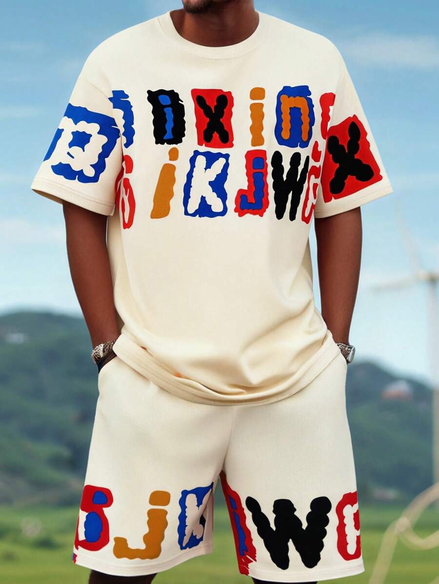 Conjunto de 2 piezas informal de camiseta holgada y pantalones cortos para hombre, de verano