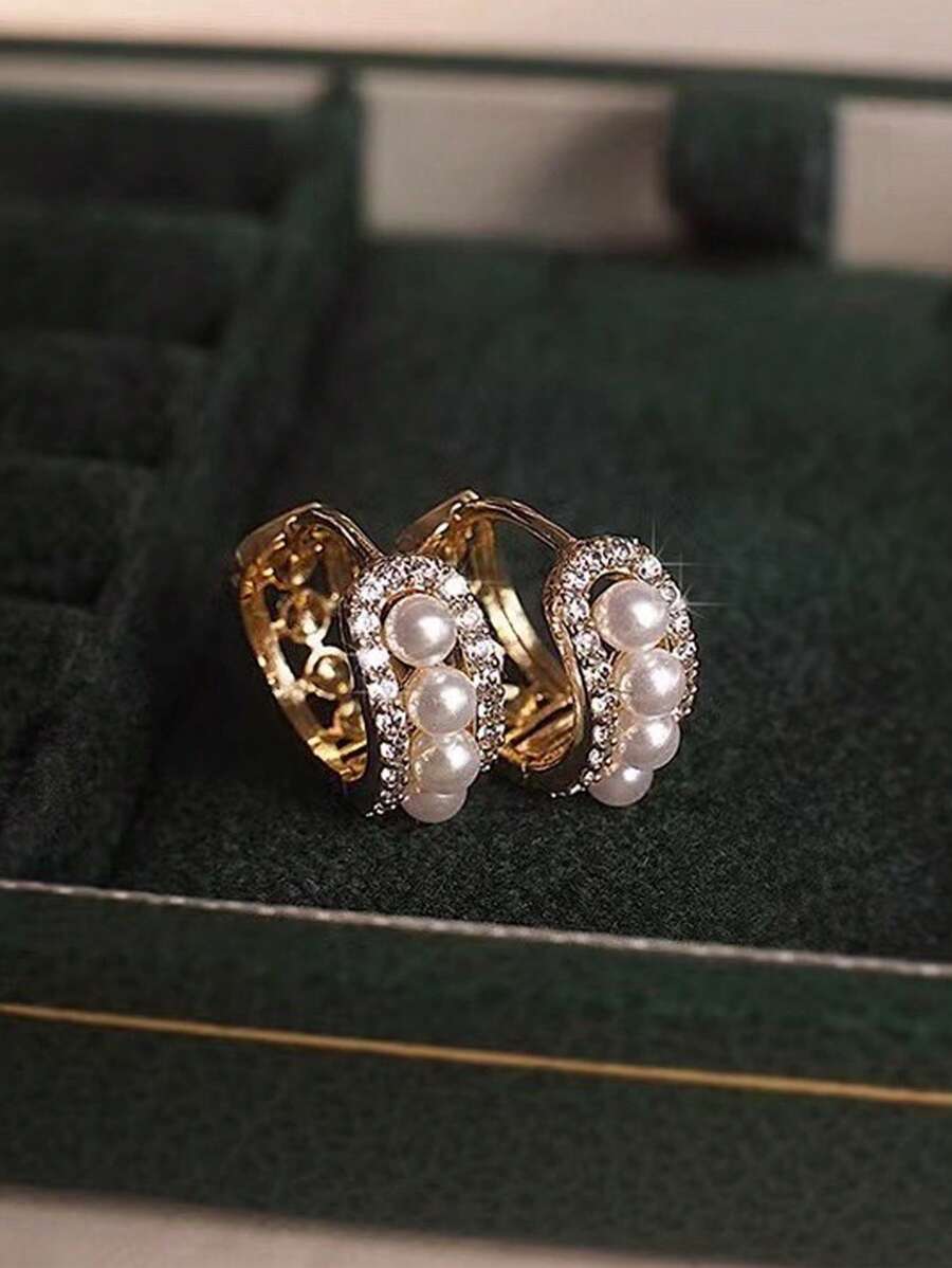2pcs Pearl Zirconia Hoop Earrings Women Gold Plated Earrings Bridal Wedding Mother' Day Pearl Accessories Vacation Jewelry Gift For Girlfriend Wife