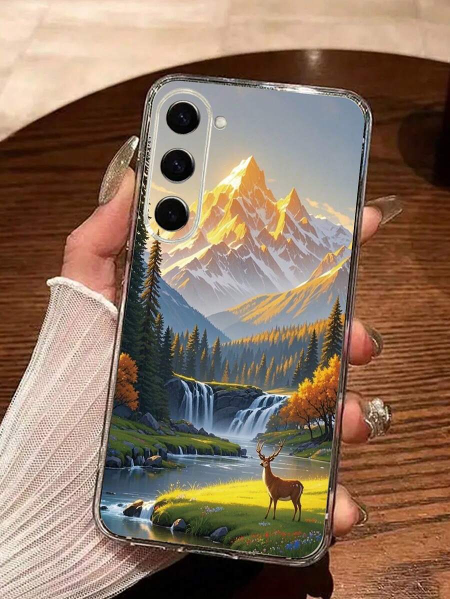 1 pieza Funda de teléfono talla grande gruesa a prueba de caídas con paisaje floral transparente e impresión de ciervo compatible con , Galaxy, Redmi
