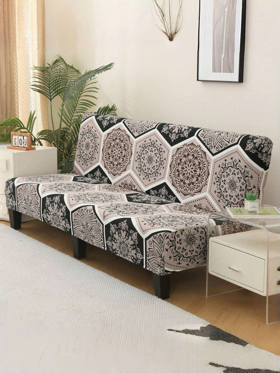 1pc European Checkered Printed Sofa Bed Cover, Modern Style Polyester Fiber Suitable For Armless Sofa Cover, Elastic All Inclusive Knitted Milk Silk, Suitable For All Seasons