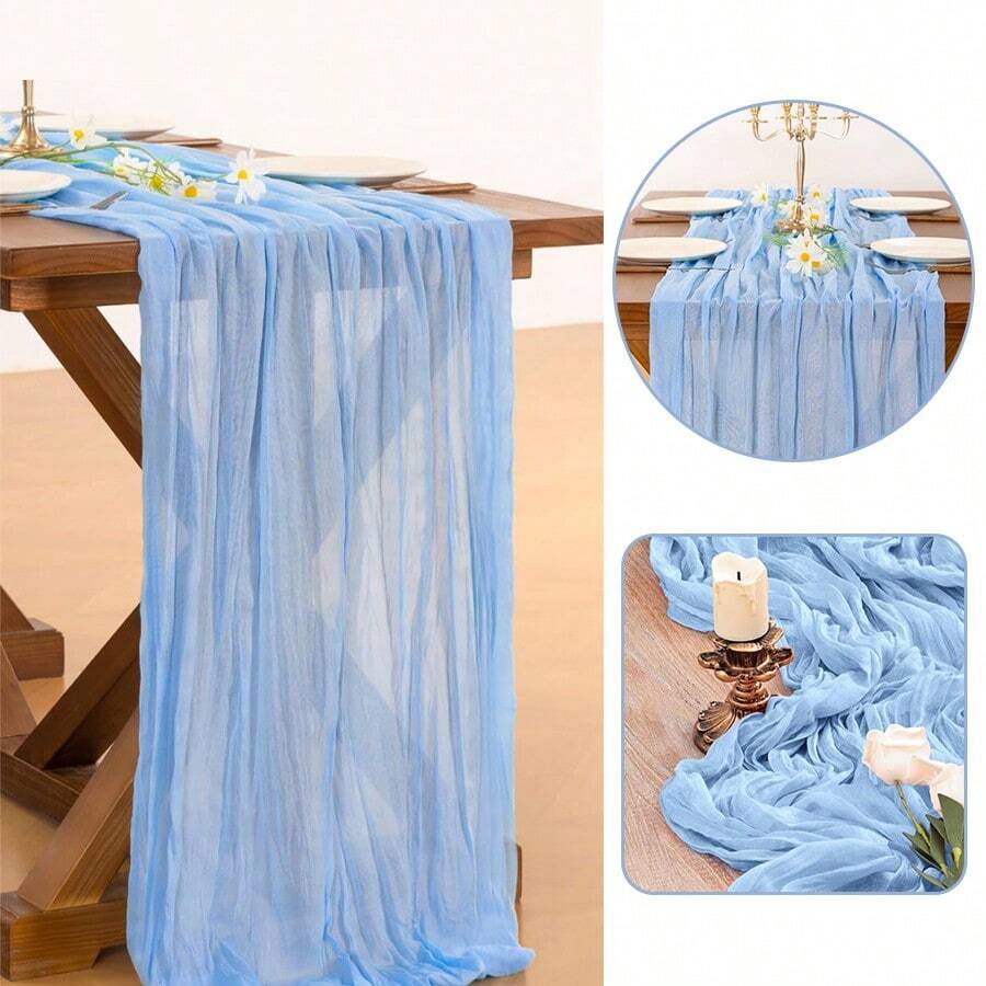1pc Light Blue Cheese Cloth Table Runner, Bohemian Sheer Fabric Tablecloth, Rustic Transparent Tablecloth For Wedding, Birthday, Baby Shower Party, Bohemian Dining Table Decor