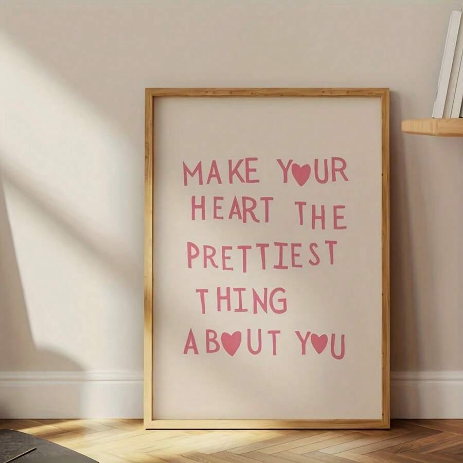 1pc Artist's Canvas Modern Quotes Art Print Posters: Pink Heart Motif Wall Arts For Bedroom, Living Room, Kitchen, Or Corridor Decor