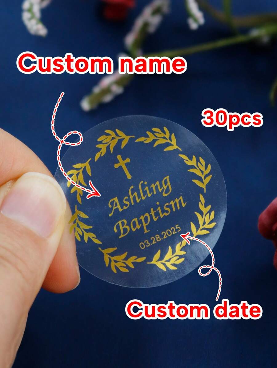 LICVIC Da 30 a 240 pezzi di adesivi personalizzati per il battesimo con stampa in oro, oro o argento, etichette personalizzate per i favori del battesimo, adesivi personalizzati, trasparenti, bianchi, in foglia metallica, tondi, 4x4cm, per il rientro a scuola