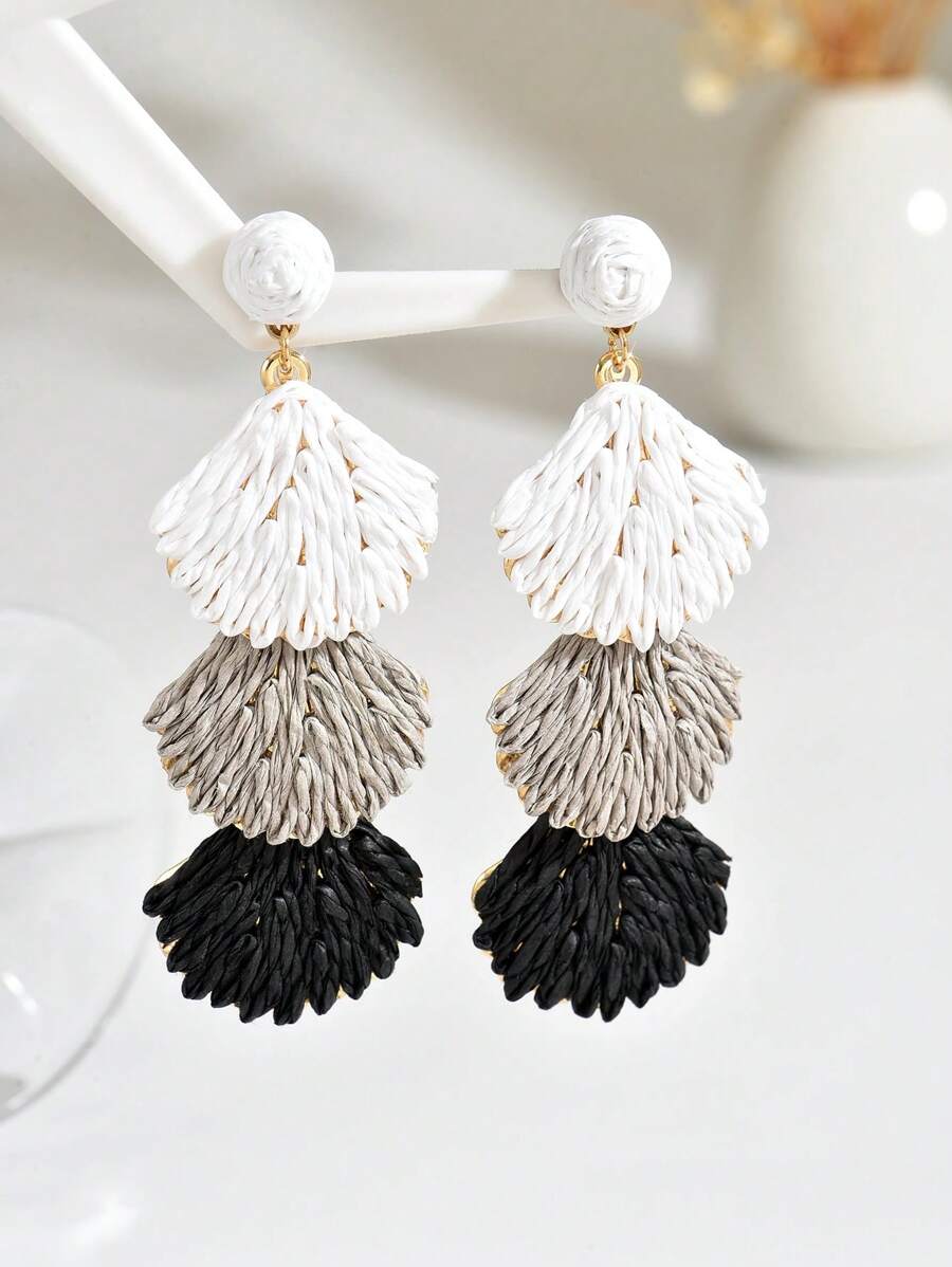 OOQ 1 Pair Handmade Bohemian Style Woven Raffia Shell Tassel Dangle Long Earrings, Unique Geometric Design, Suitable For Beach Vacations, Festivals, Parties, Weddings, Mother's Day, Valentine's Day