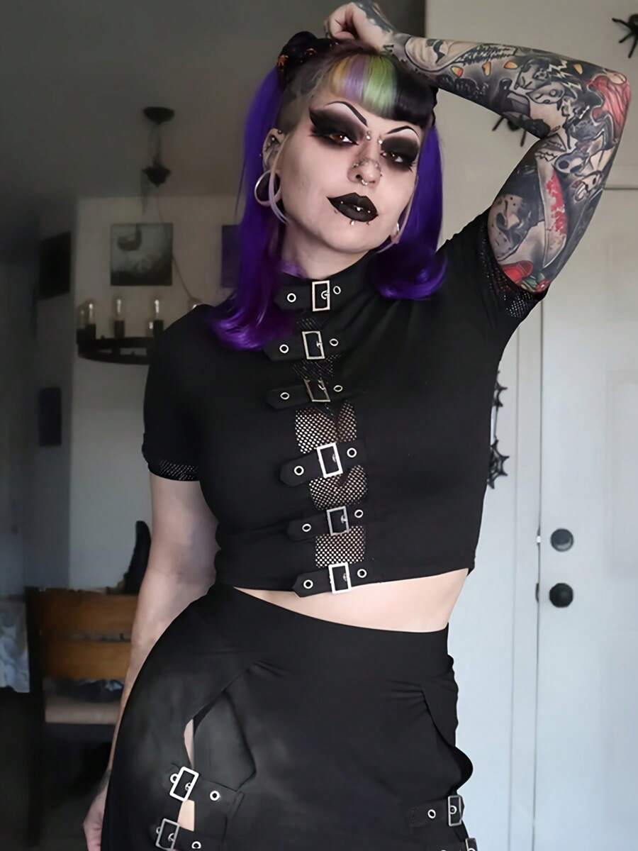 Plus Size Gothic Mesh Sweater 2025 - Women's Black Punk Top With Belt Buckle Detail & Lace-Up Corset Style (0X-5X)