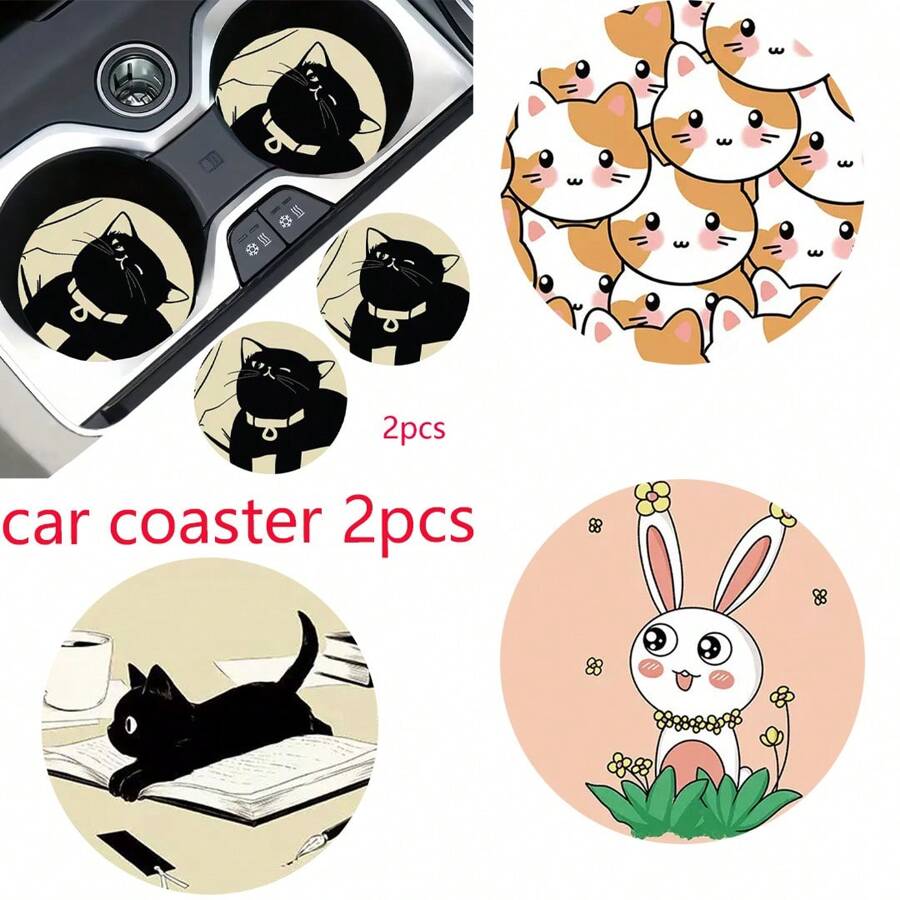 2 pièces Dessous de verre pour tasse de voiture avec motif mignon, tapis de tasse de voiture , séchage rapide et antidérapant