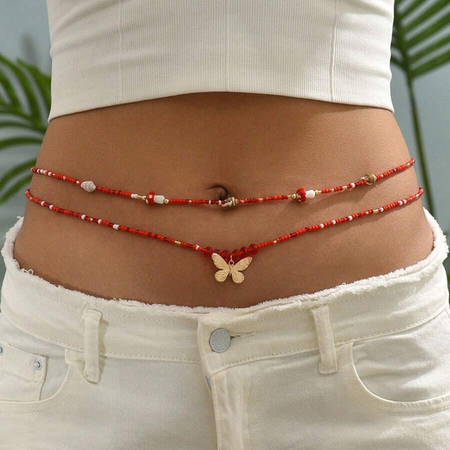2 bucăți țesute minimalist și mărgele și ciucuri cu mai multe straturi, ciuperci și fluturi, lanț de talie, lanț de corp de plajă sexy pentru femei