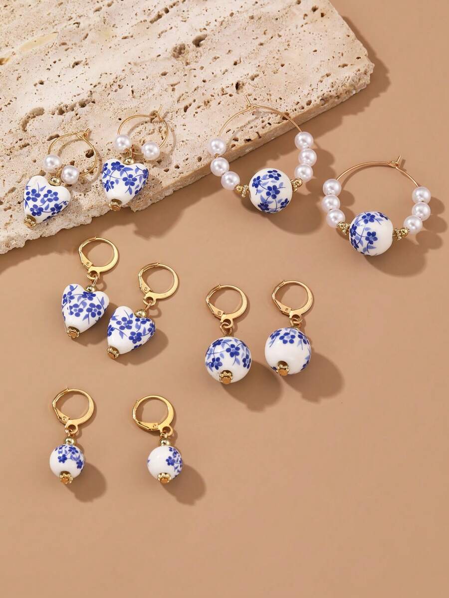 1 Pair Vintage Handpainted Blue And White Porcelain Beaded Earrings, Elegant Dangle Earrings For Women