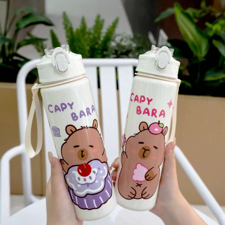 1pc 700ml/23.6oz Cute Cartoon Bear 3D Print Plastic Water Cup With Straw, Children Portable Mug With One-Click Flip Cover, Suitable For Outdoor Sports, Camping, Yoga, Picnics, School