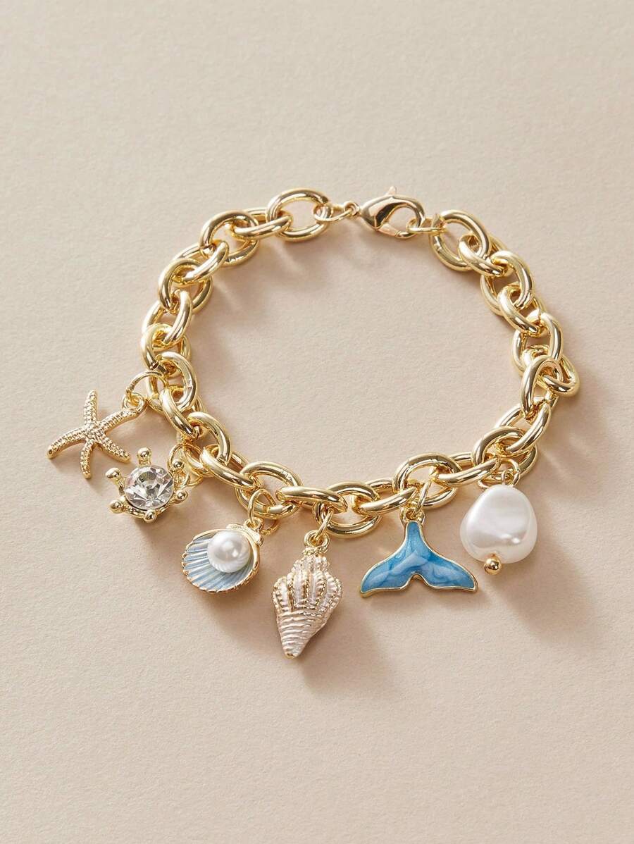 1pc Summer Fashion Vacation Blue Oil-Drop Shell Starfish Bracelet For Women, Delicate Personalized Bracelet Fit For Daily Wear, Beach, Ocean