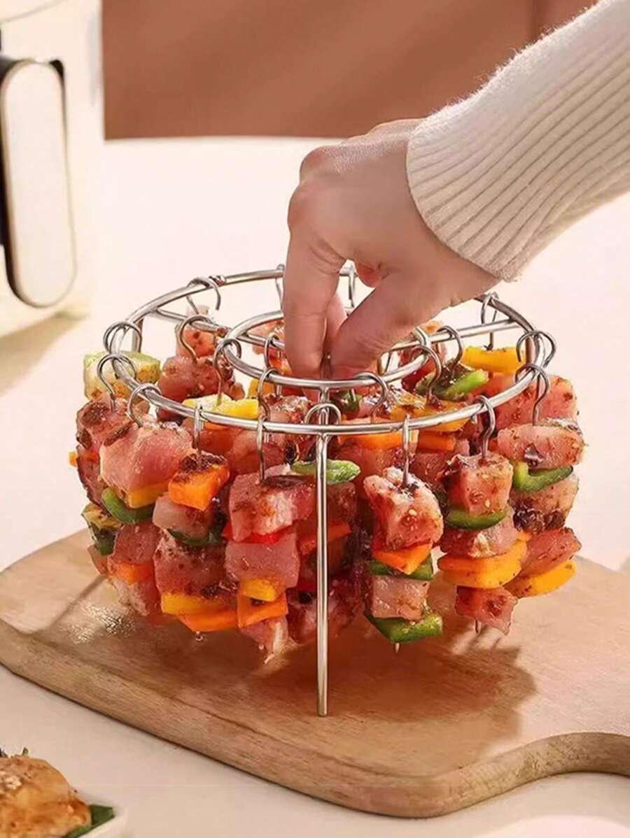 1 Set Kitchen Barbecue Rack, Small Grill Rack With 24 Skewers And 3 Grill Plates, Made Of Stainless Steel, Scratch-Resistant, Suitable For Air Fryer, Multi-Function Pot Stand, Tableware Rack, Outdoor Picnic Cookware Rack, Home Party Grill Stand, Applicable For Kitchen And Dining Room