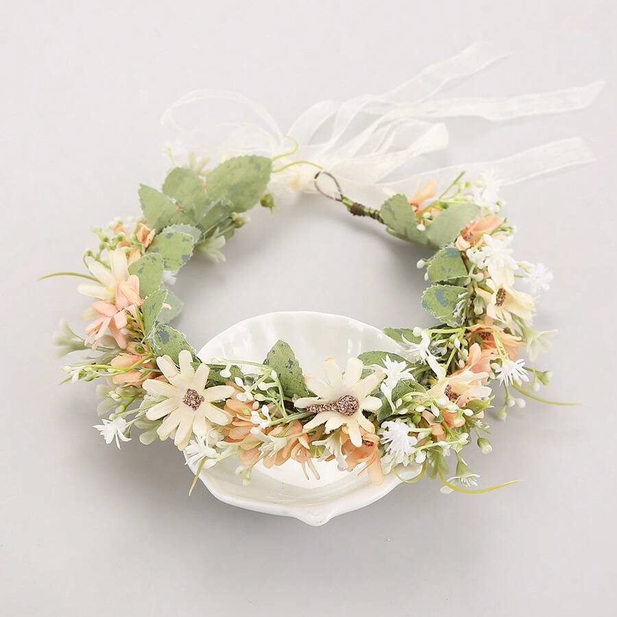 1 pieza Corona de flores de estilo bohemio, diadema de guirnalda floral, corona de flores para boda u ocasión, para vacaciones en la playa