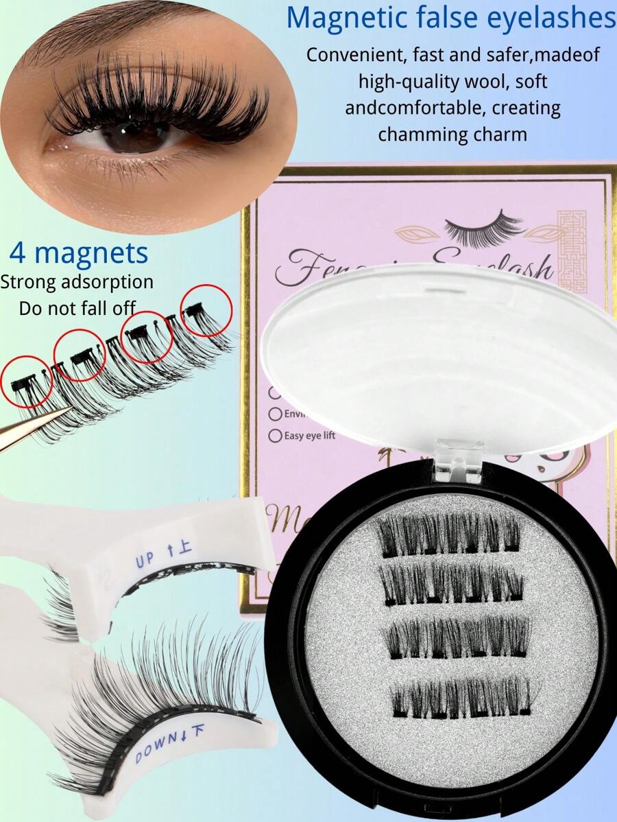 Femgxiu 1 Set 4pcs Magnetic Eyeliner & Magnetic Eyelash Kit - Natural Looking Reusable False Magnetic Fox Eye Lashes Enhance & Elongate Lashes, 3D Curly & Fluffy No Glue Comfortable WearEyelashes With Strong Magnet, 5-11mm Faux Mink Lashes For Everyday Wear, Waterproof,Reusable, Waterproof, Party, Date