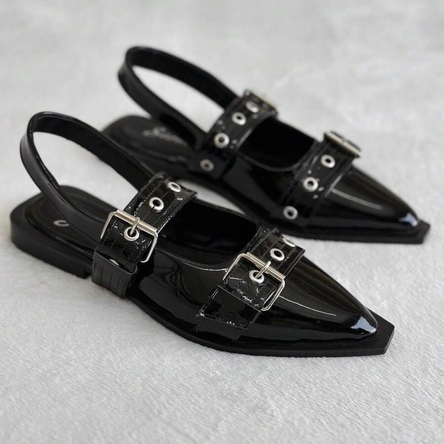 FLATS EN recubierto PUNTA STILETTO CON CORREA EN TOBILLO Y DISEÑO PERFORADO PARA MUJER punk De moda Casual Calle Lindo Estilo de ropa de trabajo casual Negocio Fabulosa Fiesta Sexy Gótico Guay Hebilla Fiesta