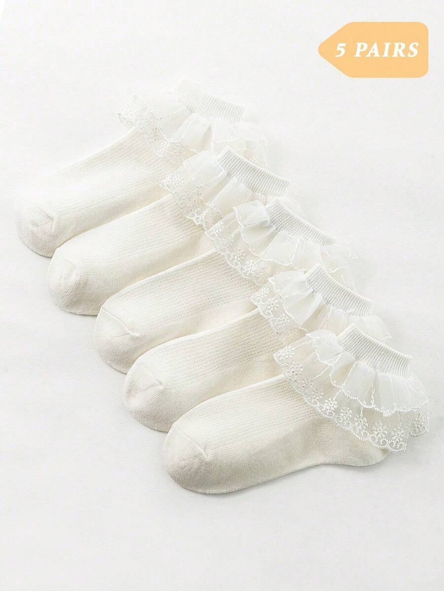 1/5 Pairs Girls Lace Trim Socks, Breathable Mesh Princess Socks, Spring/Summer School/Dance Recital Gift, Suitable For Daily Wear