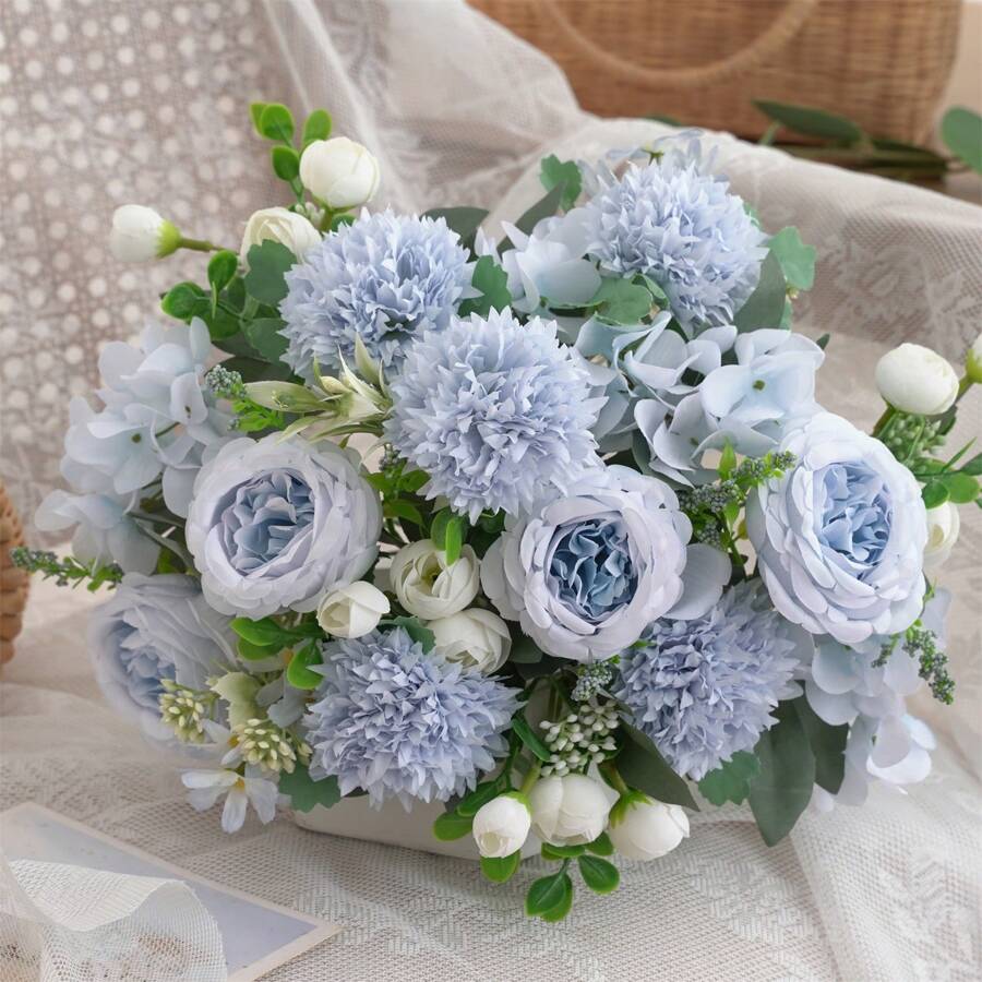 3 Buquês Artificiais de Peônia, Hortência e Crisântemo, Flores Artificiais de Toque Real, Buquê de Noiva, Decoração para Casa e Escritório, Arranjos Florais Artificiais Centrais, Decoração de Jardim, Casamento, Aniversário, Chá de Panela