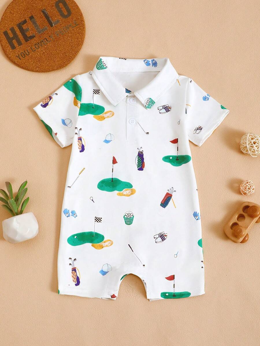 Infant Baby Golf Print White Short Sleeve Romper, Soft Comfortable Fabric, Suitable For Outdoor Sports & Activities