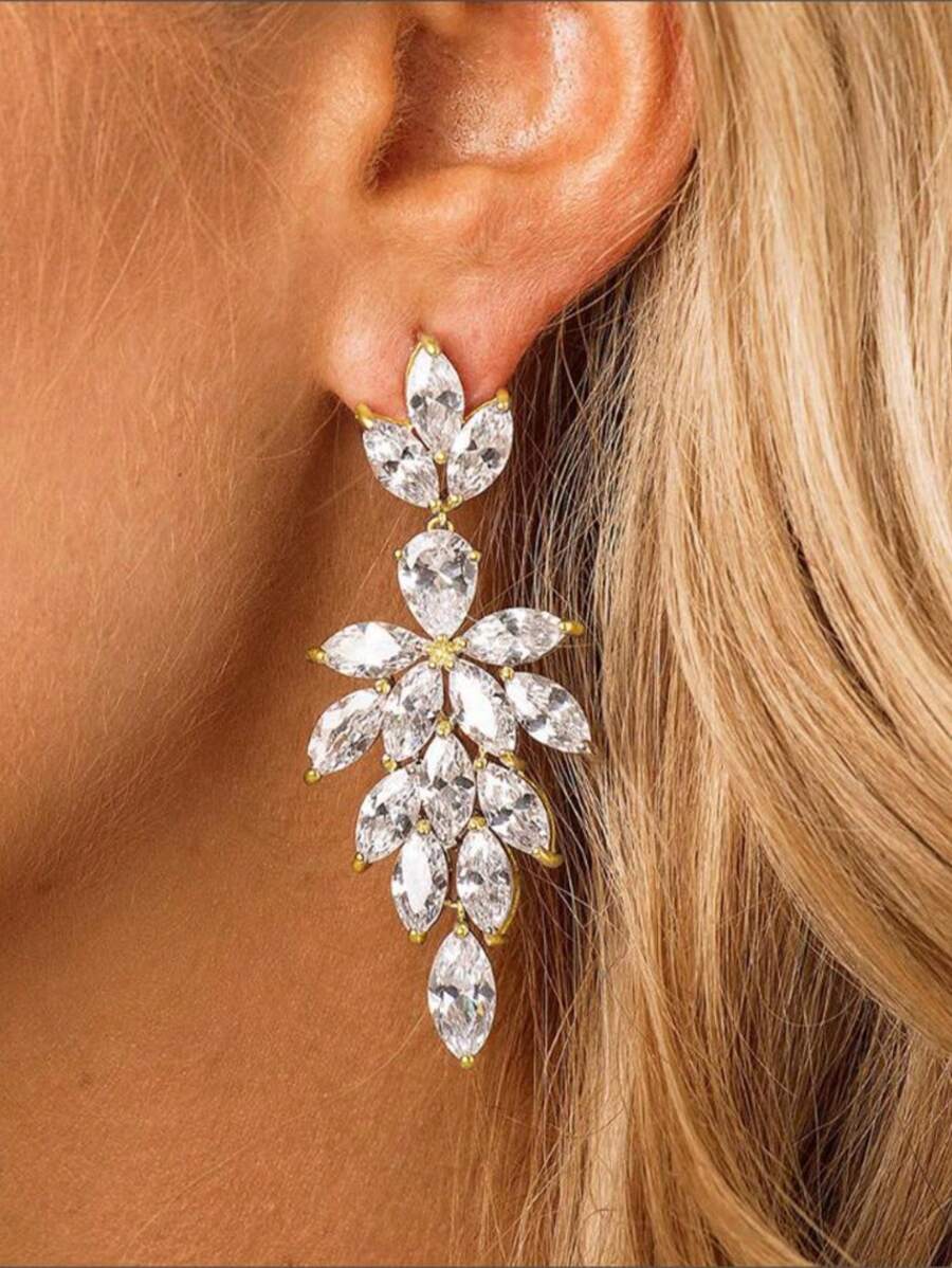 2pcs Palm Leaf Dangle Earrings Women Luxury Zirconia Earrings Bridal Wedding Jewelry Vacation Accessories Gift For Girlfriend Lovers Wife Mother