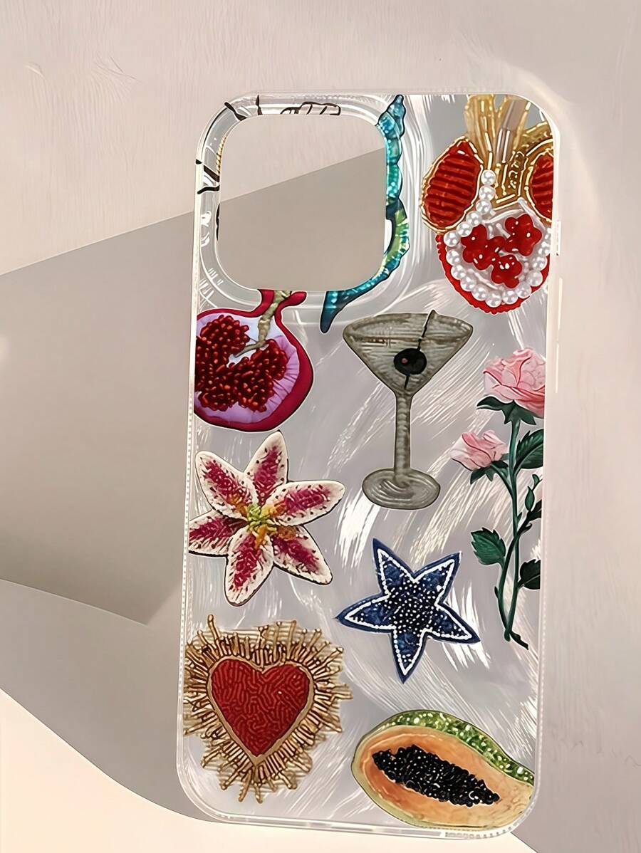 1 pieza Funda de teléfono suave antideslizante con estampado de flor de granada y estrella de mar, adecuada para 16, 15, 14, 13, 12, 11 Pro Max