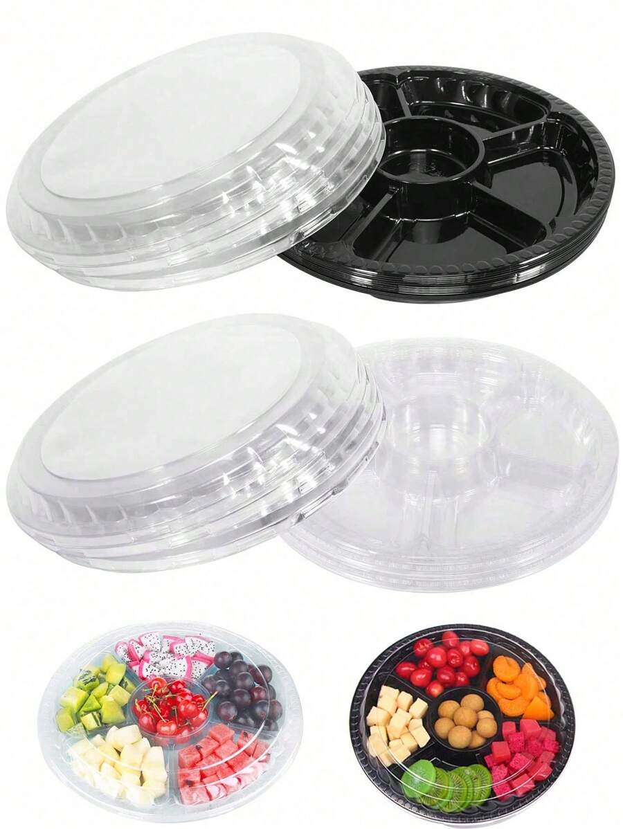 1/2/6pcs-Round Plastic Appetizer Tray With Lid - 10.4in Divider Tray,Disposable Food Storage Tray Container,Plastic Tray Storage,Snack Dispenser,Fruit Plate Vegetable Tray,Suitable For Party And Buffet