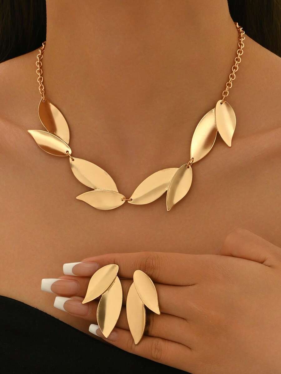 3 Peças Conjunto de Colar e Brincos Minimalista e Elegante para Mulheres, Colar de Corrente com Pingente de Folha Dourada Geométrica na Clavícula, Jóias de Metal Versáteis para Verão, Férias, Uso Diário