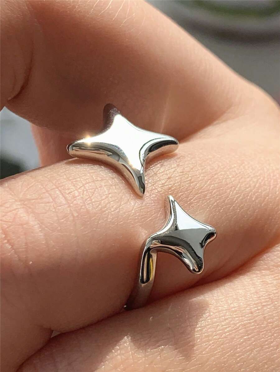 1 pieza Anillo abierto ajustable de cobre, estilo brillante de estrella de 4 puntas en oro o plata, regalo clásico de joyería para hombres y mujeres