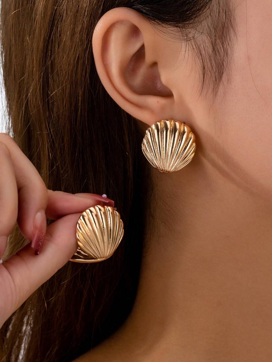 1 Pair Ocean Style Earrings, Golden Shell Design Hoop Earring, Match Daily Outfits, Party Accessories, Perfect Summer Vacation Decor
