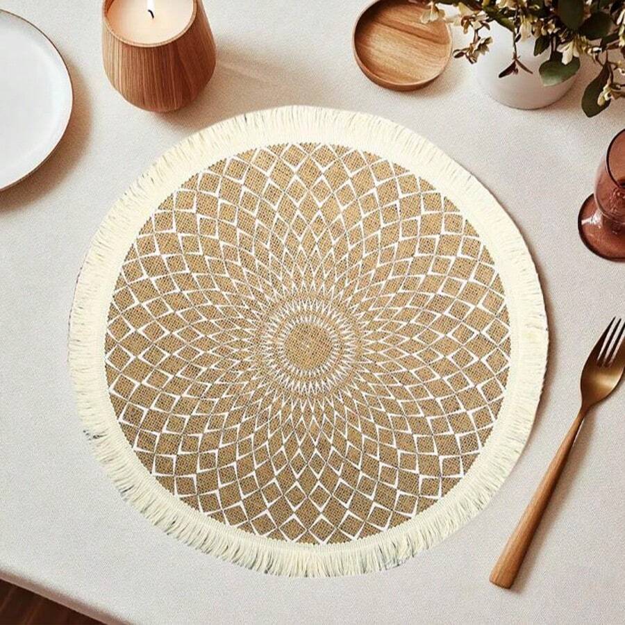 4/6/8 runde Tischsets mit Quaste, Wärmeisolierung, Party-Dekor, Tisch-Akzent im Restaurant, bedrucktes Wellenmuster, Boho-Stil, Jute-Material, waschbar, für alle Jahreszeiten geeignet, schützt Tischplatte, Besteck, Getränke, Desserts, Zuhause, Hochzeit, Restaurant-Dekoration.