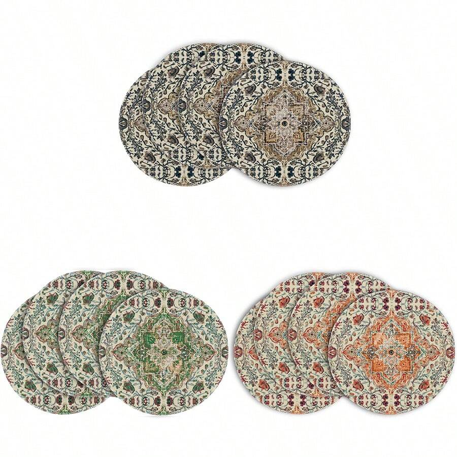 Boho Round Placemat 4 Pieces, 15-Inch Seasonal Everyday Green Flowers Boho Table Mat For Party Kitchen Dining Room Decoration