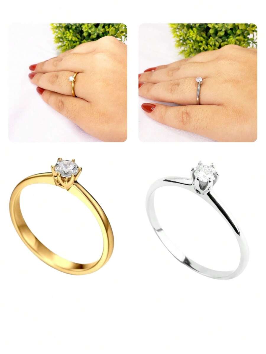 Anel Solitário Fino Delicado Zircônia Formato Diamante Brilhante Prata Dourado Aço Inox Aliança
