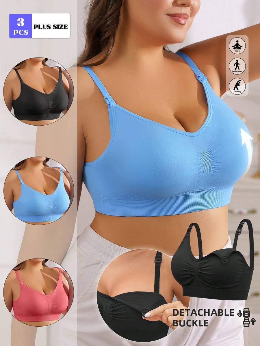 3pcs/Set Plus Size Seamless Wireless Maternity Nursing Bra, Front Button, Breathable, Lift Support