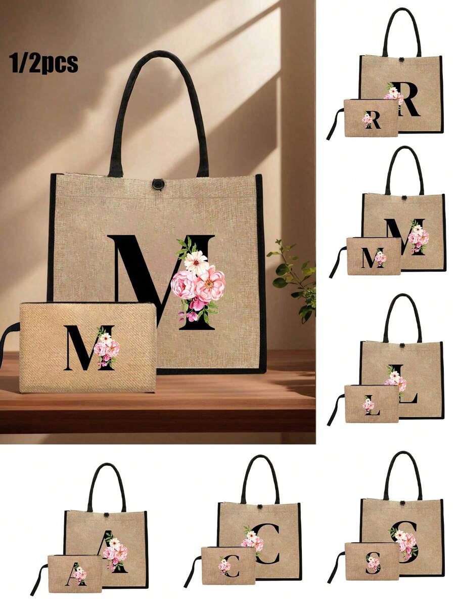Conjunto com 2 peças: uma bolsa de linho cáqui com iniciais de flores rosa e uma pequena bolsa combinando, simples e elegante, bolsa personalizada para presente de casamento para madrinhas, bolsa de maquiagem, bolsa de viagem simples para armazenamento, carteira de cosméticos de cor sólida, bolsa de maquiagem de viagem com grande capacidade: a combinação perfeita para belezas ao ar livre! Adequada para casamentos, aniversários e praia.
