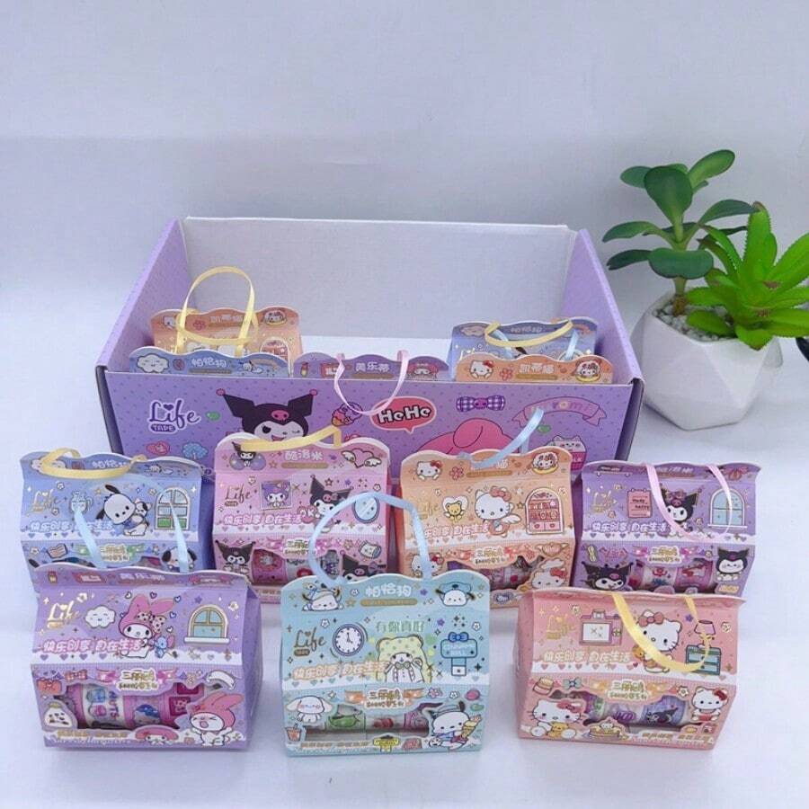 Sanrio 12 علبة شريط واشي ساتورنيو، أنواع كارتون مثل هيلو كيتي , وكوروميي وباتشاكو، شريط واشي لتزيين الكتب، وأعمال الكولاج والمستلزمات المدرسية