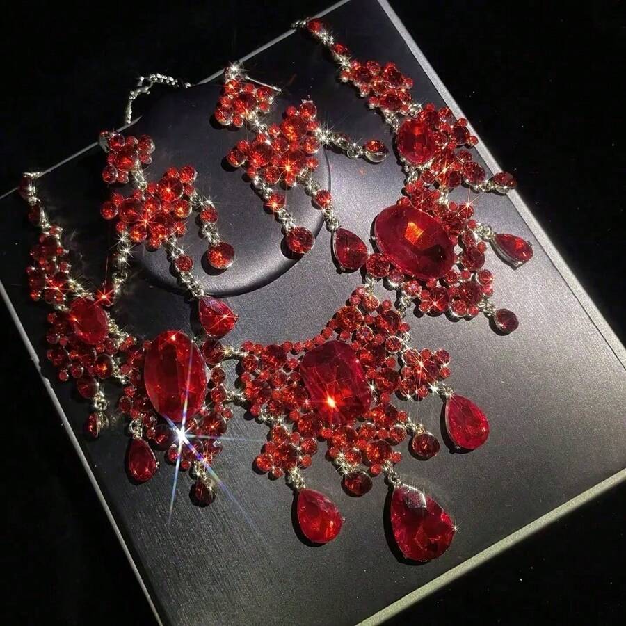 1 conjunto de joias femininas, colar e brincos, 3 peças, incrustado com strass, moderno e elegante, adequado para noivas, casamentos, banquetes e ocasiões formais