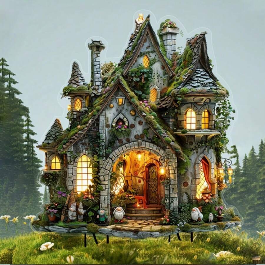 1 Piece, 2D Fairyland Cottage Garden Stake, Acrylic Outdoor Decoration With Ivy And Green Design, Whimsical Dwarf Statues And Colorful Flowers, Perfect For Independence Day Or Fantasy Themed Gardens, Whimsical Garden Decoration | Country Style Decoration | Fairy Garden Accessories
