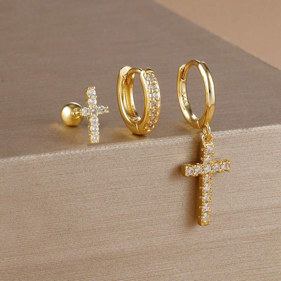 3PCS 18K Gold Plated Cross Stud Earrings Set For Women's Wedding Jewelry Zirconia Hoop Stainless Steel Accessories Party Gift