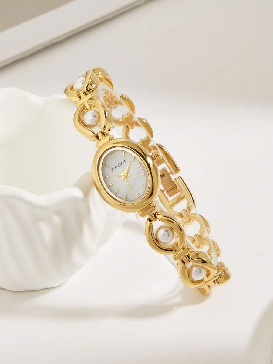 1 Pc Elegant Oval French-Style Women's Pearl Strap 30M Waterproof Pearl Dial Quartz Wrist Watch, Suitable For Daily Wear And Social Gatherings