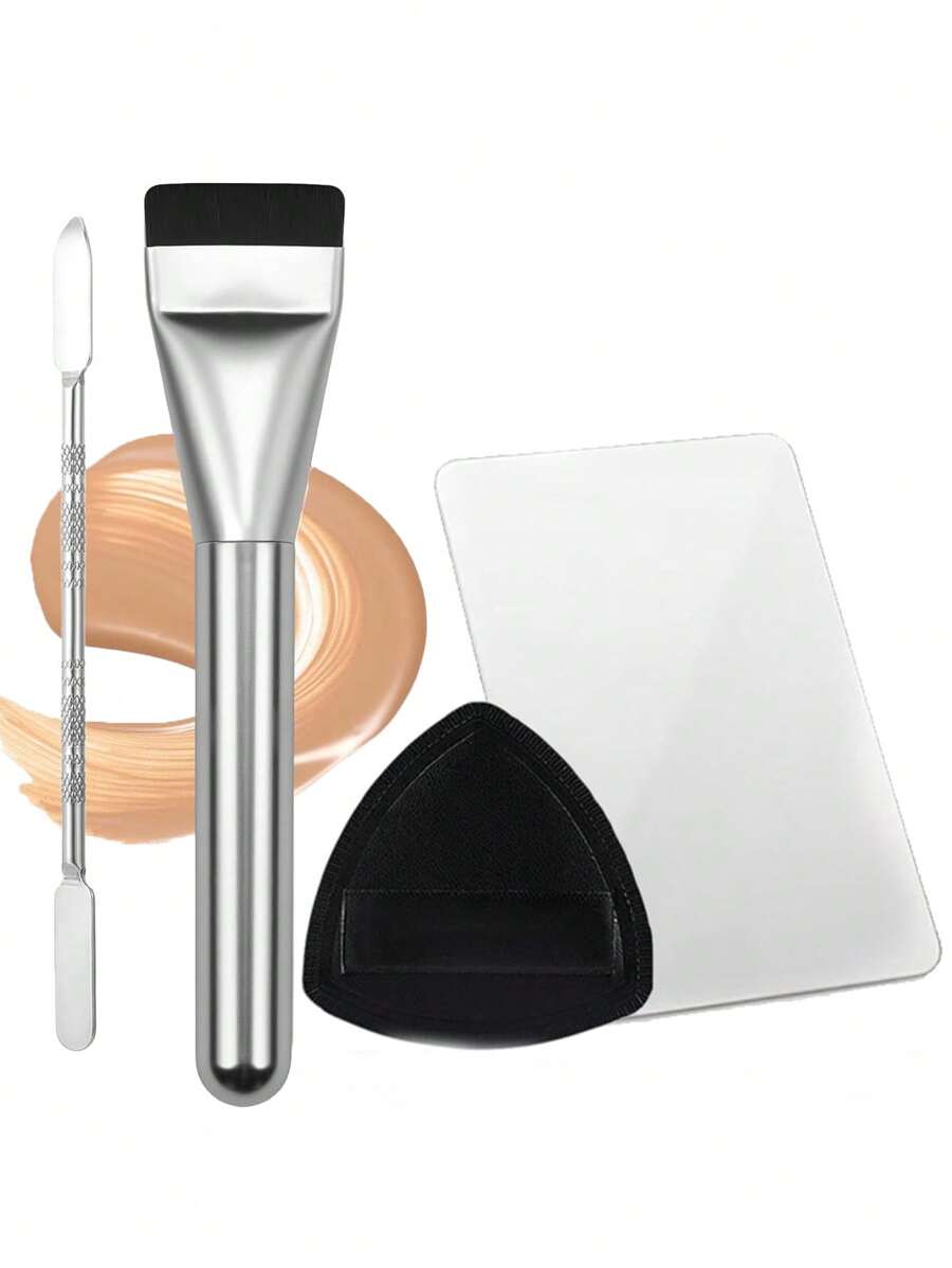 4pcs Foundation Tools: Foundation Brush, Foundation Palette, Foundation Sponge, Base Makeup Tools, Base Makeup Set. The Color Mixing Palette Has A Smooth, Bright, Clean, Easy-To-Clean Texture, With Dull Edges, No Rust, And No Deformation. It Can Be Quickly Cleaned With A Wet Wipe Or Water And Can Be Over And Over Again. The Material Is . Suitable For Mixing Foundation, Eyeshadow, Mascara, Lipstick And Nail Polish, Suitable For Both Professionals And Non-Professionals. 1pc/2pcs/3pcs/4pcs