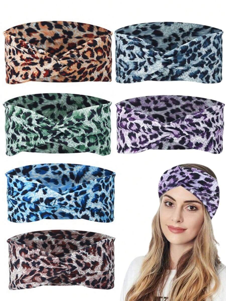 1/6pcs Elastane Fashion Leopard Print Yoga Headband - Wide Knot Sports Sweatband For Normal Hair Vintage Style Soft Stretchy Non-Slip Moisture-Wicking Leopard Print Headbands For Women - Stylish Sports Accessories For Running, Cycling, Gym
