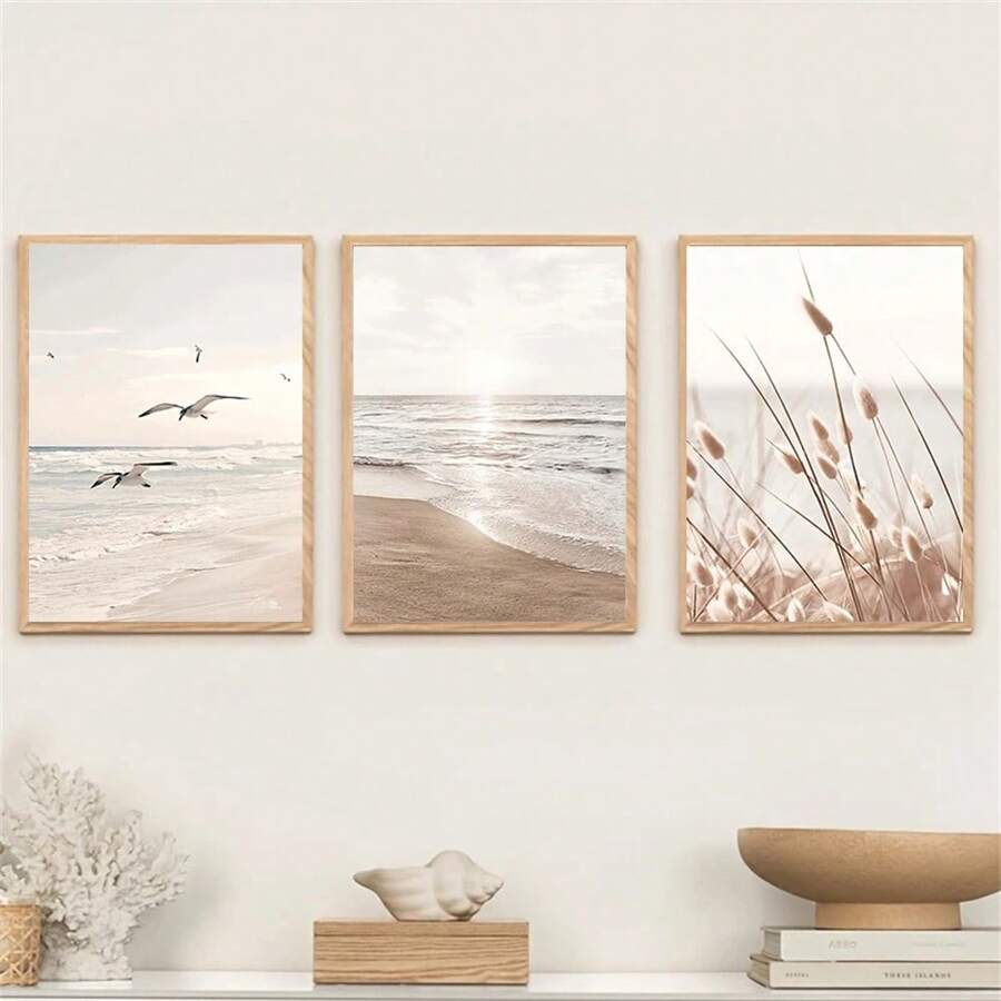 1pc/3pcs Beach On Seagull Beach Scenery Beige Grass White Sand Beach Coast Canvas Wall Art Prints And Posters Modern Paintings Wall Art Decor For Home Decor Living Room Bedroom Office Dining Room Dormitory Backdrop Decor Wall Design Framed/Unframed Coastal Decor Coastal Decor Beach Decor ,Wall Art With Frame