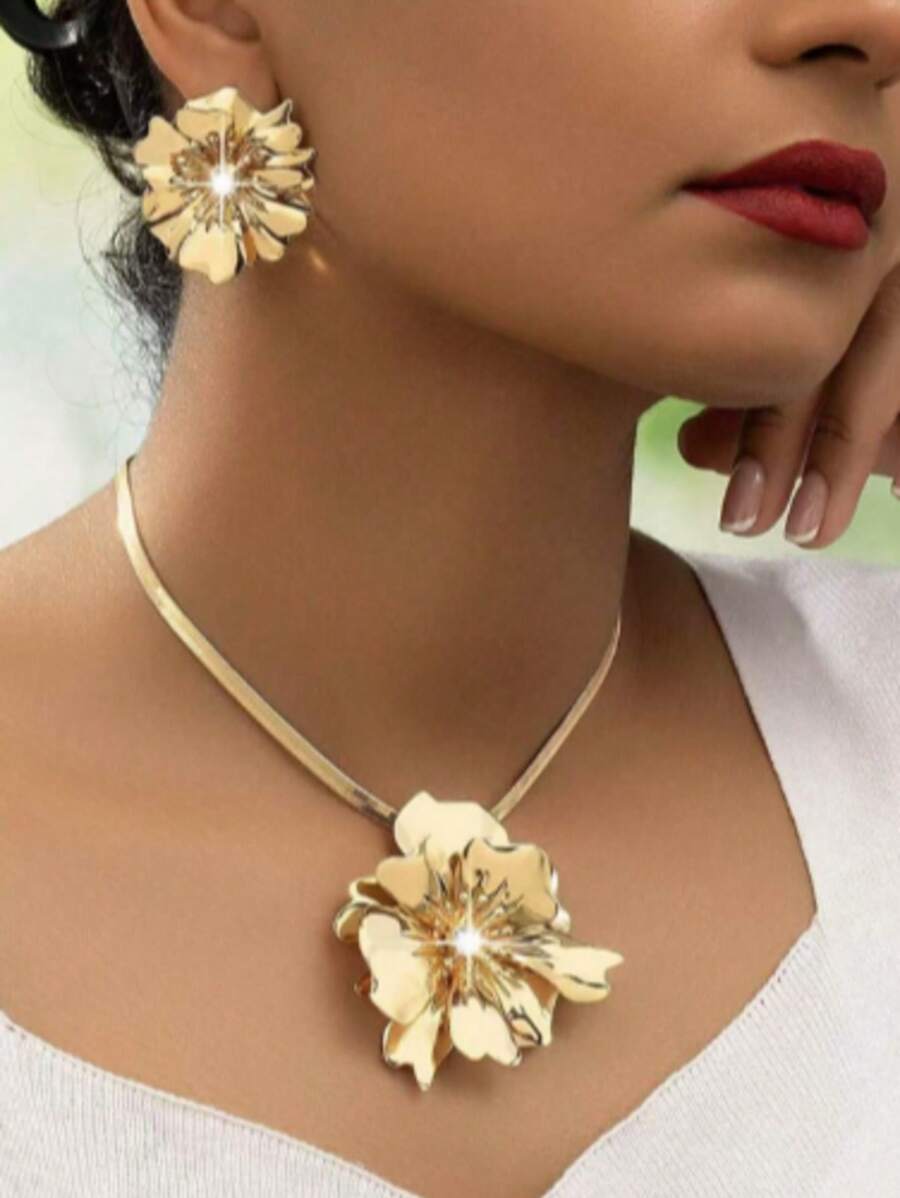 Conjunto de joyería de 3 piezas para mujer con collar con colgante floral personalizado y aretes, elegante y con Charm