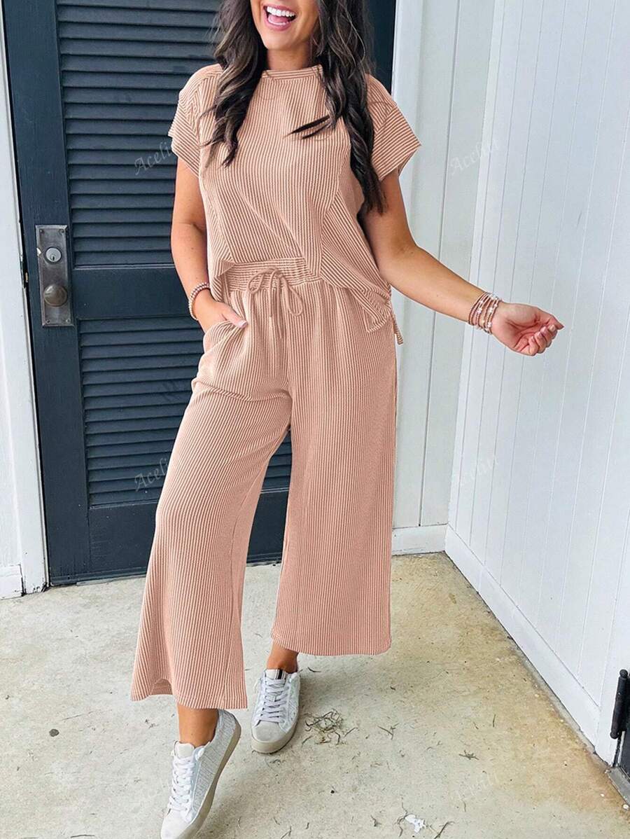 Acelitt Summer Solid Color Solid Color Knitted Short Sleeved T-Shirt And Wide Leg Pants Set For Home Leisure And Outdoor Activities