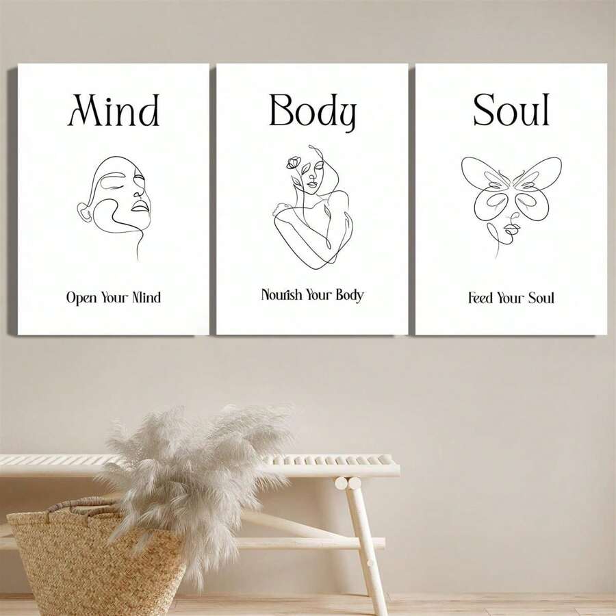 3 piezas Cuadros de pared con marco de madera, pinturas decorativas de lienzo - "Mente y Body", "Avanzando con los Tiempos", "Declaración de Energía Positiva", Mural Zen, Arte de Línea Blanco y Negro, Decoración de Pared para el Hogar, Dormitorio, Sala de Estar
