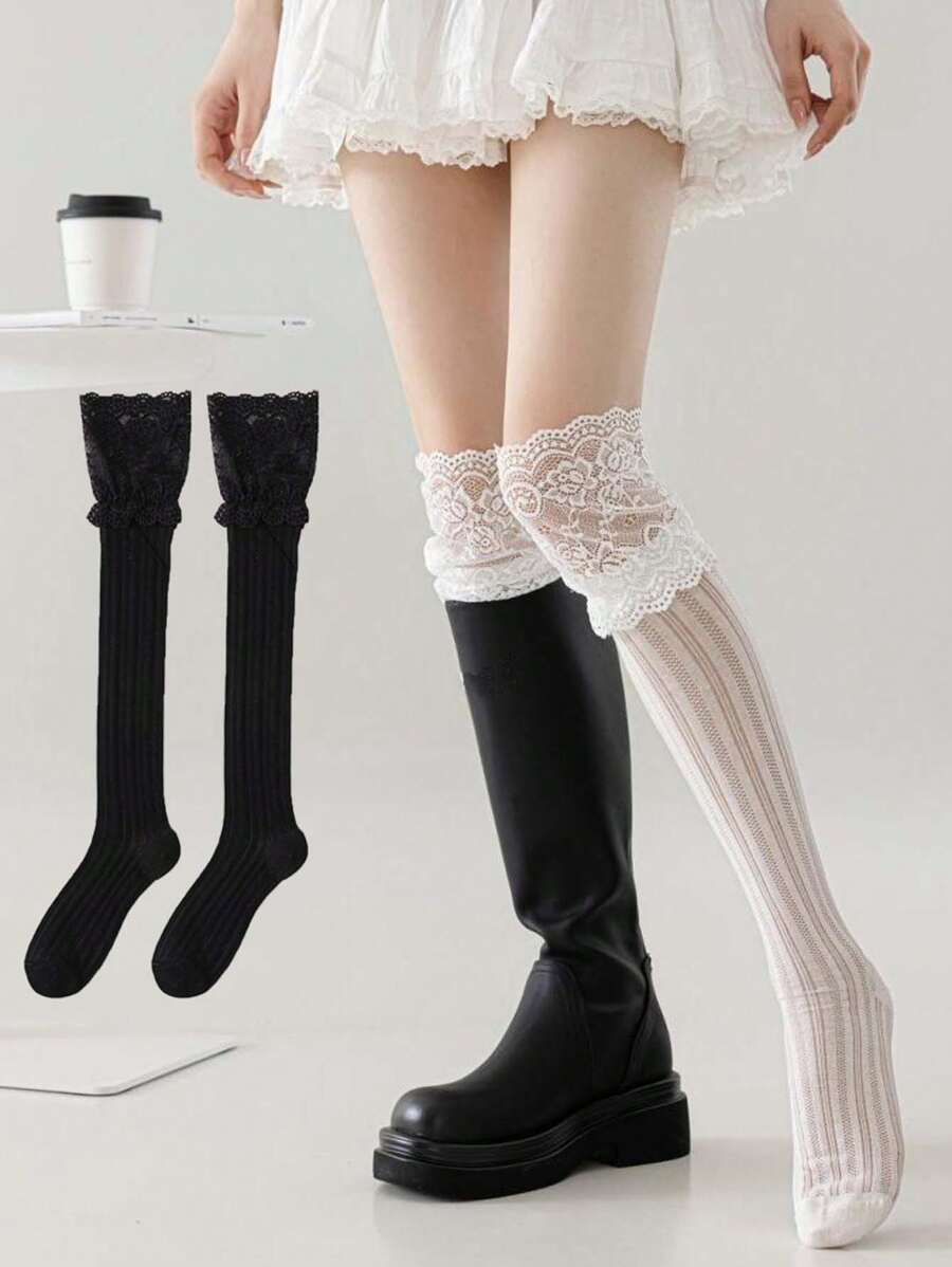1 par de medias altas elegantes de tela de punto, medias transparentes con encaje sobre la rodilla para mujeres, adecuadas para botas, medias altas de compresión de media pierna con rayas verticales de tejido de punto