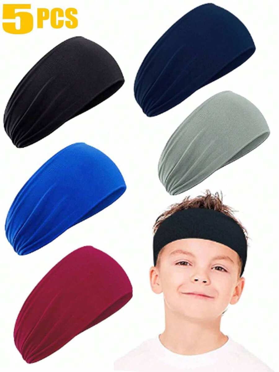5pcs Kids Sports Headbands, Toddler Absorbent Elastic Sweatbands For Boys, Sweat-Wicking Headband For Sports, Yoga, Running, Workout, Golf, Camping, Tennis