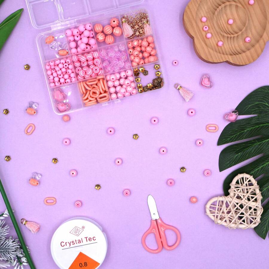 1 Set 12 Grid Fashionable Sweet Pink Letter Pattern Matching Beaded Jewelry DIY Kits, Suitable For Necklace Making & Casual Daily Wear, Handmade Craft