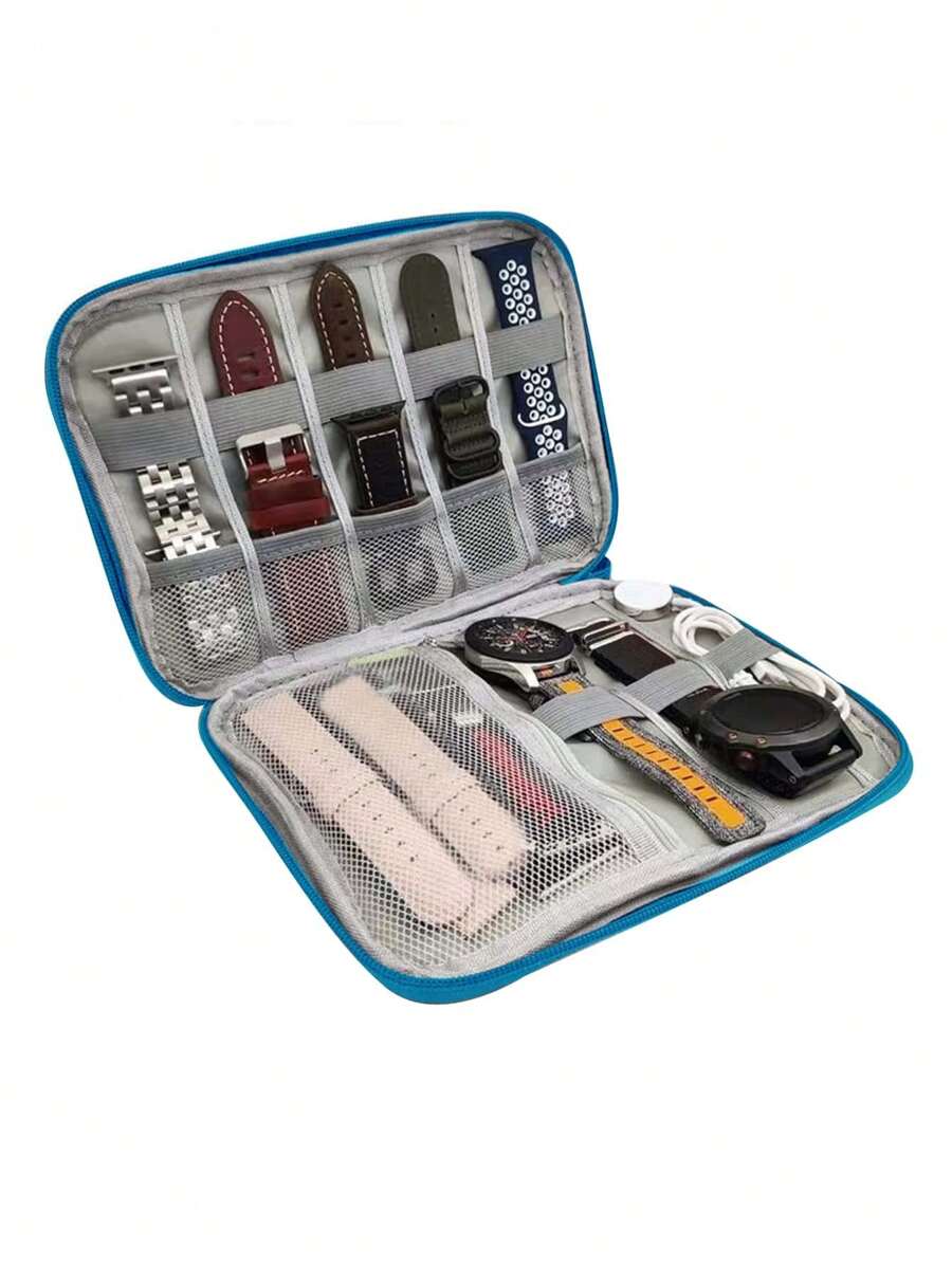 Portable Smart Watch Band Organizer Bag, 8 Slot + Net Pouch Design, Middle Size Long-Style Watch Band Travel Carrying Case, Includes Data Cable, Charging Cord