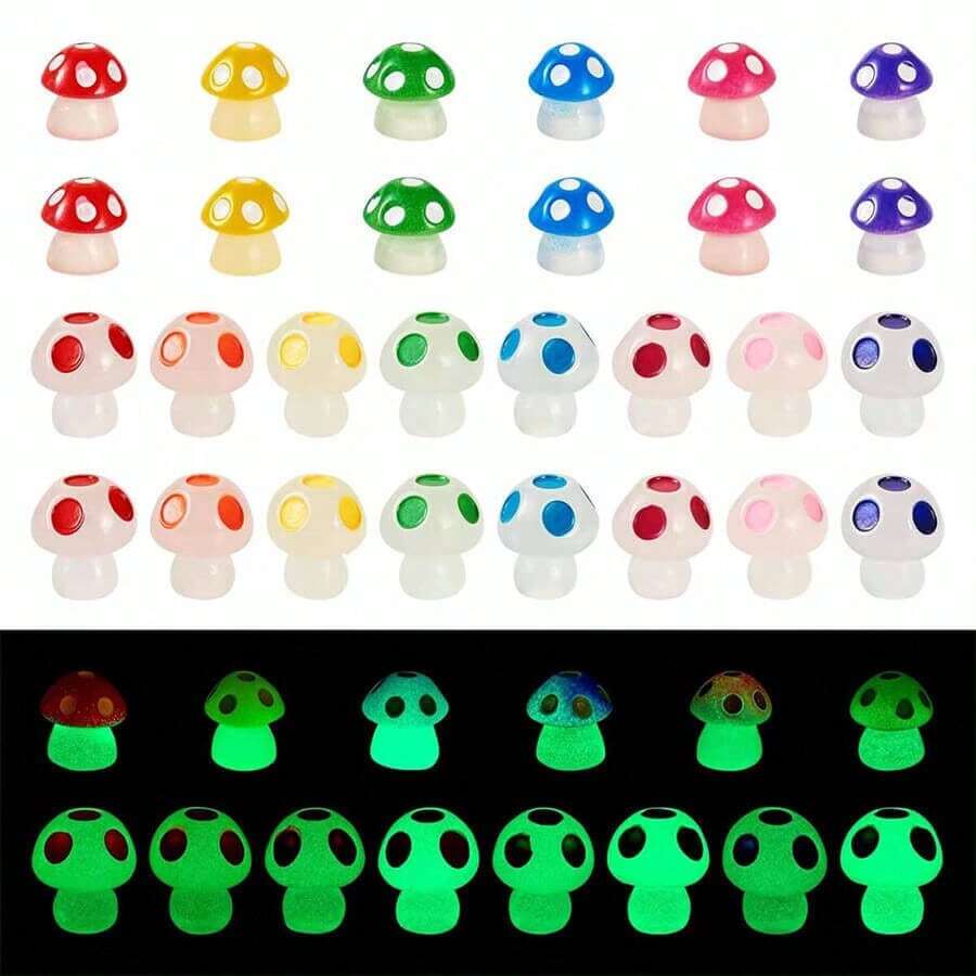 10 peças/20 peças/30 peças Mini Figura de Cogumelo Luminoso de Resina, Cogumelo Que Brilha no Escuro, Enfeite Colorido Pequeno de Cogumelo em Miniatura para Decoração de Jardim DIY, Paisagem, Aquário, Decoração de Festa